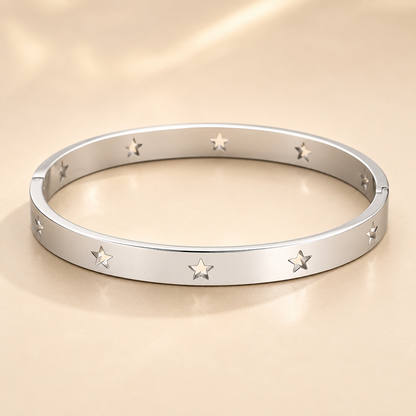 Stainless Steel Hollow Star Bangle | Minimalist Silver Cuff Bracelet
