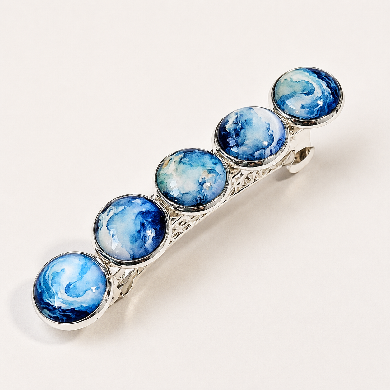 Blue Watercolor Cabochon French Barrette: Silver Hair Clip