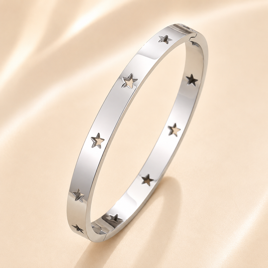 Stainless Steel Hollow Star Bangle | Minimalist Silver Cuff Bracelet