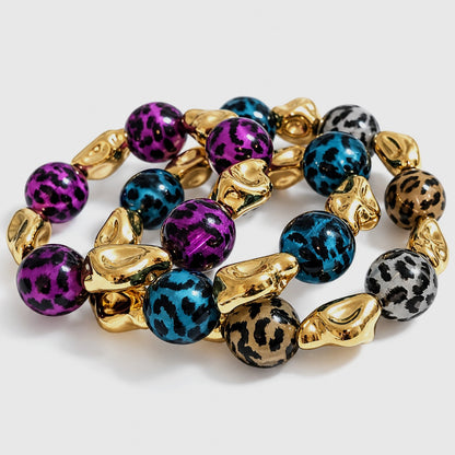Handmade Cheetah Print Bracelet for Women – Chunky Elastic Beaded Bracelet with Gold Detail, UK Jewellery Gift