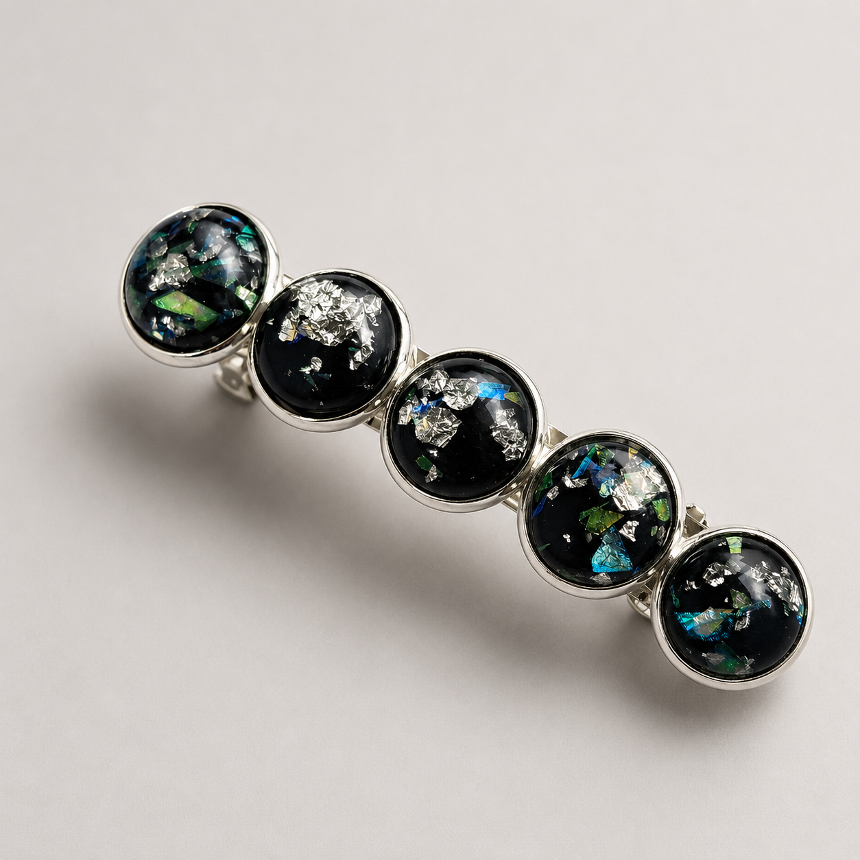 Iridescent Silver Cabochon French Barrette | Fine Hair Clip | Small & Medium