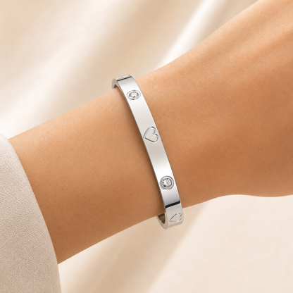 Stainless Steel Heart Bangle | Crystal Detail Silver Cuff Bracelet