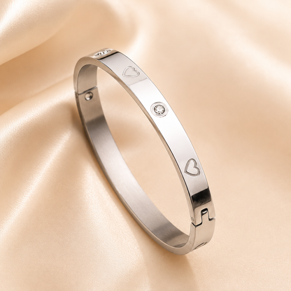 Stainless Steel Heart Bangle | Crystal Detail Silver Cuff Bracelet