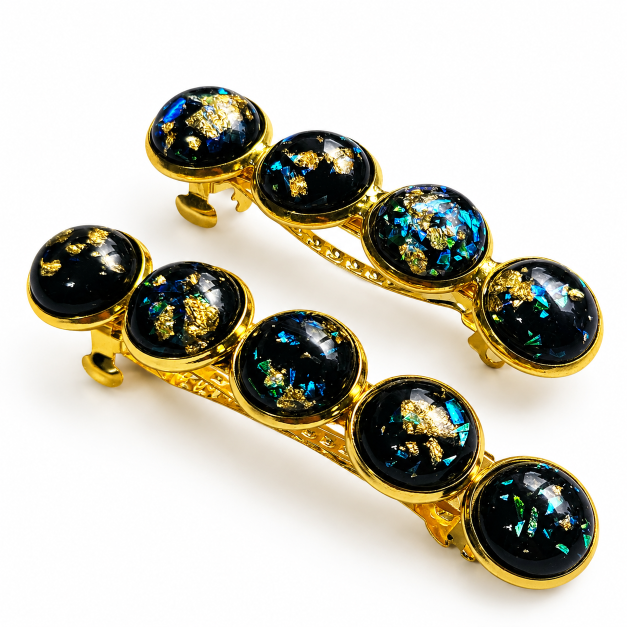 Iridescent Cabochon French Barrette | Gold Tone Hair Clip | Small & Medium