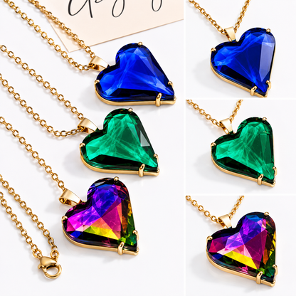 Gold Glass Heart Necklace | Blue, Green or Purple | Stainless Steel Chain