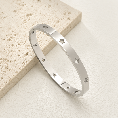 Stainless Steel Hollow Star Bangle | Minimalist Silver Cuff Bracelet