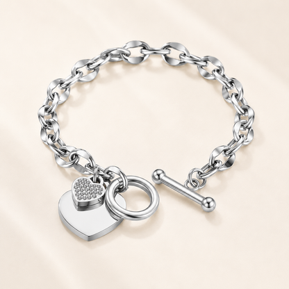 Stainless Steel Geometric Chain Bracelet | Silver & Rhinestone Heart Charms