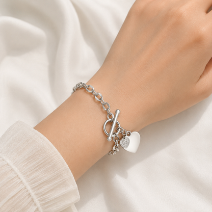 Stainless Steel Geometric Chain Bracelet | Silver & Rhinestone Heart Charms