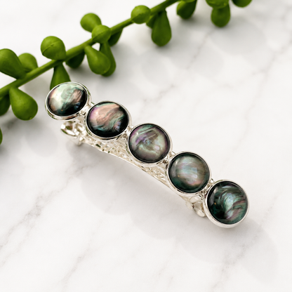 Black Marble Resin Hair Barrette: Silver French Clip