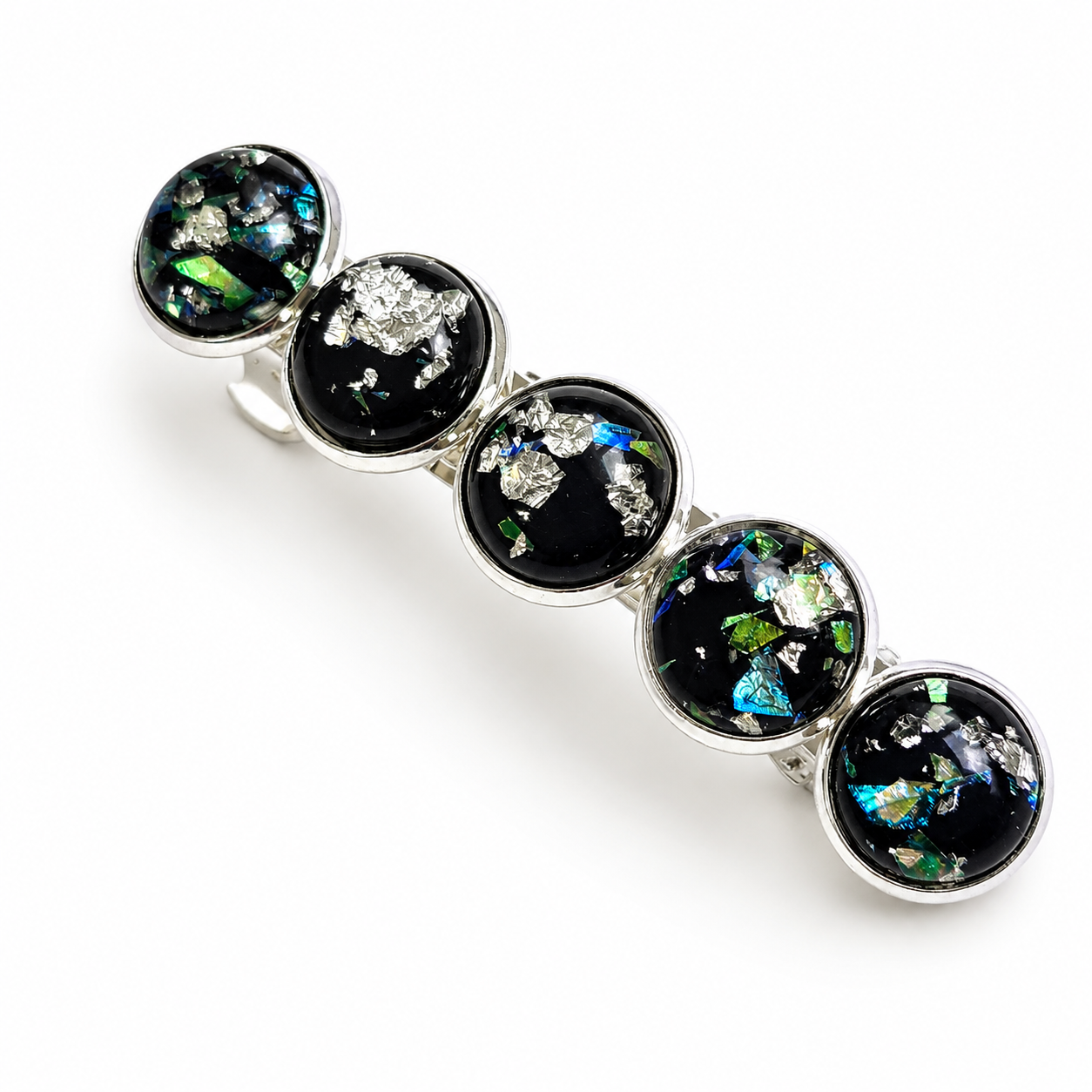 Iridescent Silver Cabochon French Barrette | Fine Hair Clip | Small & Medium