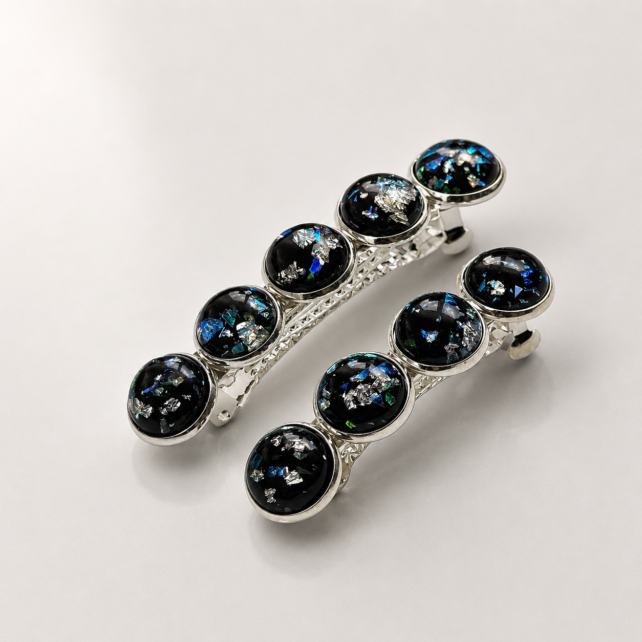 Iridescent Silver Cabochon French Barrette | Fine Hair Clip | Small & Medium